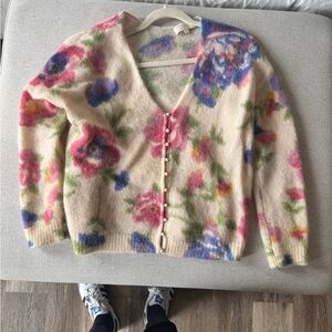 Sezane Cream and Pink Floral Cardigan Sweater